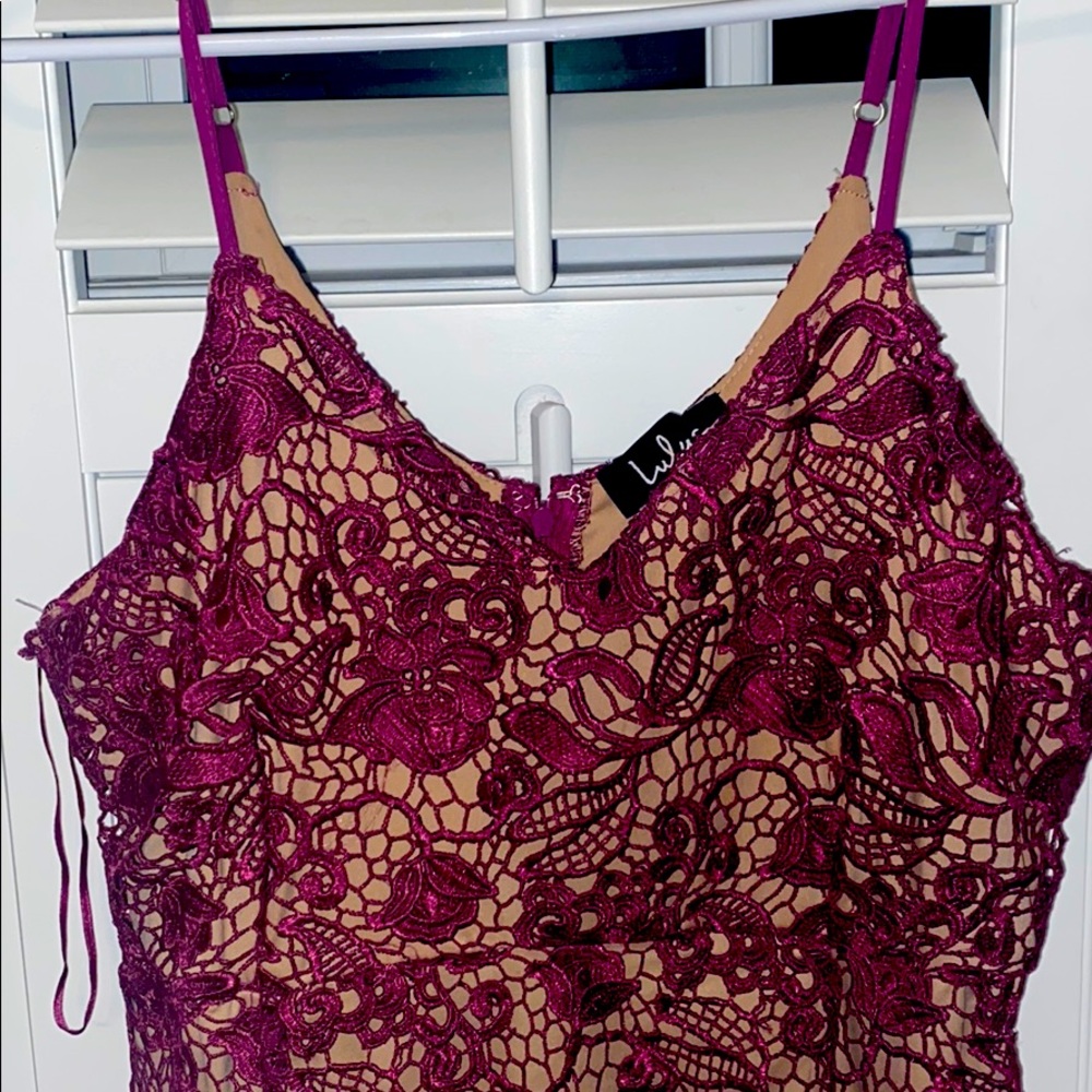 lulus raspberry and tan interior homecoming dress